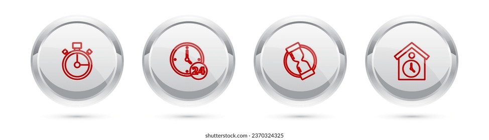 Set line Stopwatch, Clock 24 hours, Old hourglass and Retro wall. Silver circle button. Vector