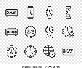 Set line Stopwatch, Clock 24 hours, Wrist, Digital alarm clock, World time and  icon. Vector