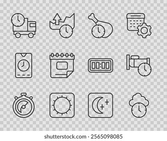 Set line Stopwatch, Clock, Food time, Sun, Delivery truck and, Calendar, Moon stars and Time sleep icon. Vector