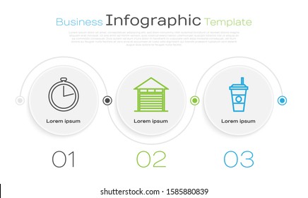 Set line Stopwatch , Closed warehouse  and Coffee cup . Business infographic template. Vector