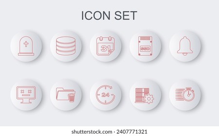 Set line Stopwatch, Dead monitor, Calendar, Server setting, Tombstone with cross, Database, Delete folder and Clock 24 hours icon. Vector
