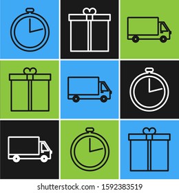 Set line Stopwatch , Delivery cargo truck vehicle  and Gift box  icon. Vector