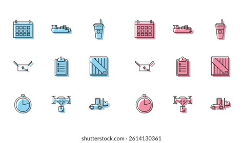 Set line Stopwatch, Delivery drone with the package, Calendar, Forklift truck, Verification of delivery list clipboard, Wooden box, Cardboard traffic symbol and Cargo ship boxes service icon. Vector