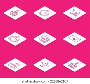 Set Line , Stoppuhr, Elektrischer Handwagen und Boxen, Bediener in Kontakt, Pizzakarton, Umschlag, Lieferant mit und Plane Icon. Vektorgrafik