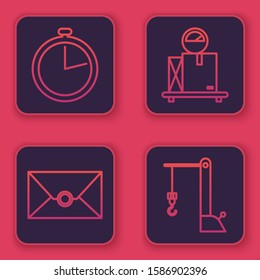 Set line Stopwatch , Envelope , Scale with cardboard box  and Harbor port crane. Blue square button. Vector