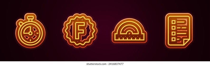 Set line Stopwatch, Exam paper with incorrect answers, Protractor grid and Clipboard checklist. Glowing neon icon. Vector