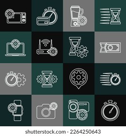 Set line Stopwatch, Fast payments, Blender with bowl setting, Router and wi-fi, Laptop, Microwave oven and Hourglass icon. Vector