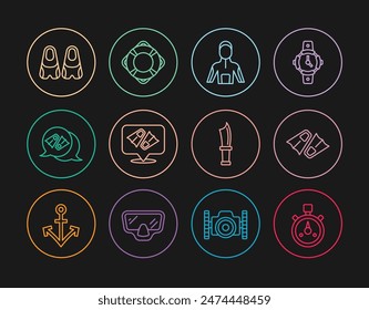 Set line Stopwatch, Flippers for swimming, Wetsuit scuba diving, Diving knife and Lifebuoy icon. Vector