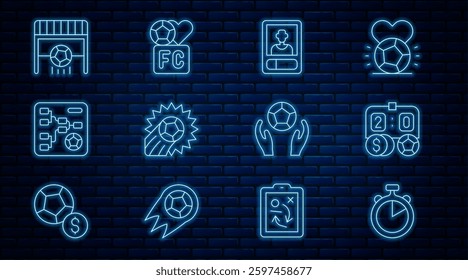 Set line Stopwatch, Football betting money, or soccer card, Soccer football, Championship tournament bracket, goal with,  and Fan club icon. Vector