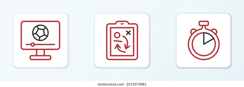 Set line Stopwatch, Football match on TV and Planning strategy concept icon. Vector