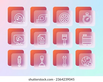 Fije la línea Stopwatch, el selector de velocidades, el pistón del motor, la llave de paso, el casco de carreras, la rueda de aleación para el coche y el icono del turbocompresor del automóvil. Vector