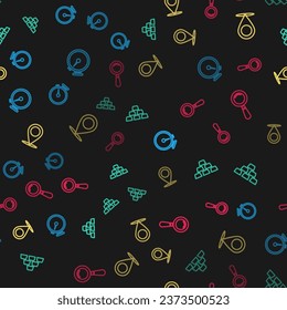 Set line Stopwatch, Gold bars, Map pin and Magnifying glass on seamless pattern. Vector