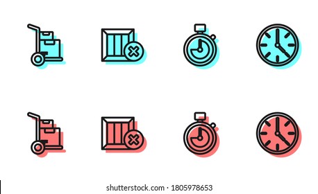 Set line Stopwatch, Hand truck and boxes, Wooden delete and Clock icon. Vector