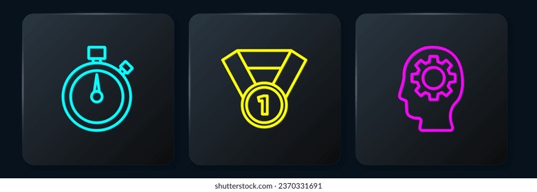Set line Stopwatch, Head with gear inside and Medal. Black square button. Vector