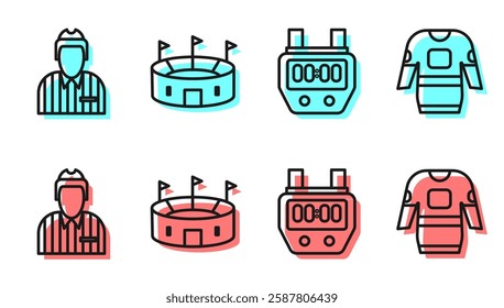 Set line Stopwatch, Hockey judge, referee, arbiter, Hockey stadium and Hockey jersey icon. Vector