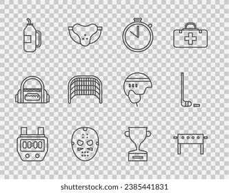 Set line Stopwatch, Hockey table, mask, Fitness shaker, Ice hockey goal, Award cup and stick and puck icon. Vector