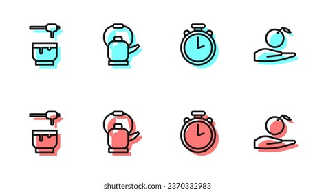 Set line Stopwatch, Honey dipper stick and bowl, Kettle with handle and Apple in icon. Vector