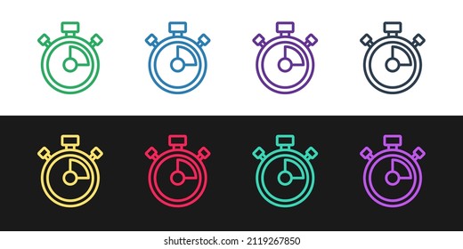 Set line Stopwatch icon isolated on black and white background. Time timer sign. Chronometer sign.  Vector