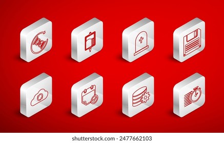 Establecer línea Cronómetro, bolsa IV, Lápida con cruz, Disquete, Configuración de servidor de base de datos, Esperando, Calendario marca de verificación e icono de actualización de sincronización de la nube. Vector
