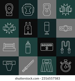 Set line Stopwatch, Jump rope, Boxing belt, Kettlebell, Wrestling singlet, Punch boxing gloves, training paws and Punching bag icon. Vector