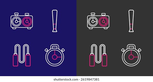Set line Stopwatch, Jump rope, Baseball bat and Time chess clock icon. Vector