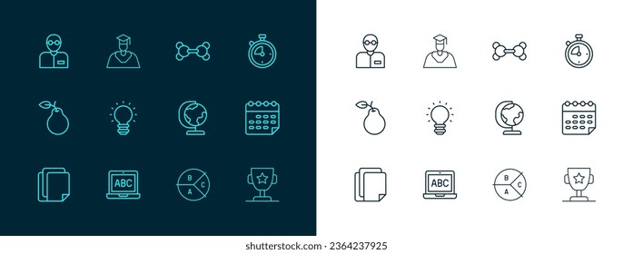 Set line Stopwatch, Laptop, Earth globe, Pie chart infographic, Creative lamp light idea, Molecule, Teacher and Graduate and graduation cap icon. Vector
