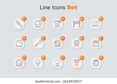 Set line Stopwatch, Medal, Golf ball on tee, Racket, Soccer football, Bowling pin, with star and Car wheel icon. Vector