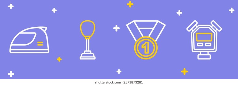 Set line Stopwatch, Medal, Punching bag and Racing helmet icon. Vector