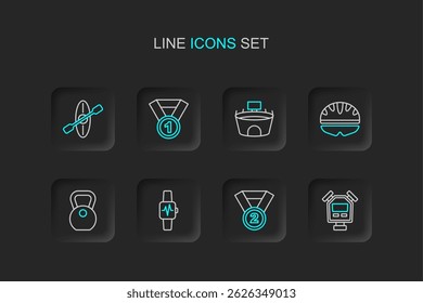 Set line Stopwatch, Medal, Smart with heart, Weight, Bicycle helmet, Stadium,  and Kayak and paddle icon. Vector