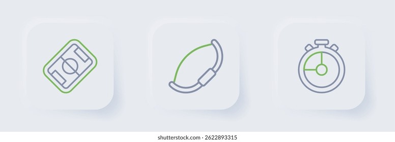 Set line Stopwatch, Medieval bow and Football field icon. Vector