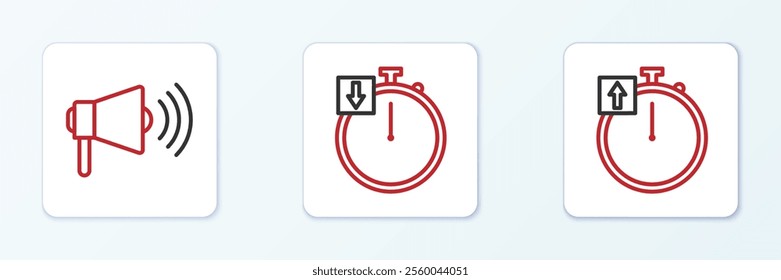 Set line Stopwatch, Megaphone and  icon. Vector