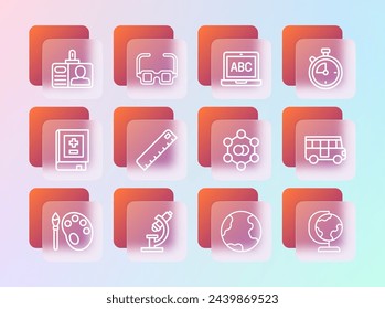 Set line Stopwatch, Microscope, Molecule, Earth globe, Ruler, Laptop, Identification badge and Glasses icon. Vector