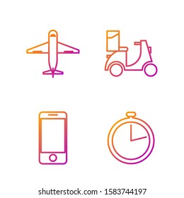Set line Stopwatch , Mobile phone with app delivery tracking, Plane  and Scooter delivery . Gradient color icons. Vector