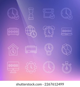 Set line Stopwatch, Old hourglass, Clock on laptop, Calendar with check mark, World time, Digital alarm clock,  and Alarm icon. Vector
