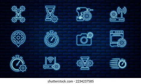Set line Stopp-Uhr, Oven-Einstellung, Drill-Maschine, Zeitmanagement, Einstellung, Hourglass, Fotokamera und Icon. Vektorgrafik