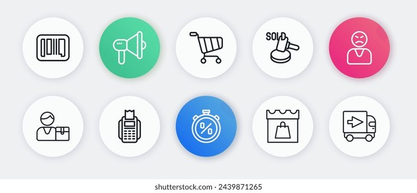 Set line Stopwatch percent discount, Angry customer, Buyer, Shopping day, Auction hammer, cart, Delivery cargo truck and POS terminal icon. Vector