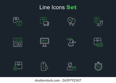 Set line Stopwatch percent discount, Buyer, Price tag with dollar, Carton cardboard box, Sold, Auction hammer, button and Market store icon. Vector
