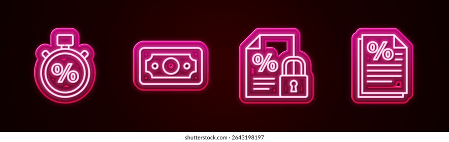 Set line Stopwatch and percent, Stacks paper money cash, Finance document lock and . Glowing neon icon. Vector