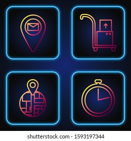 Set line Stopwatch , Placeholder on map paper in perspective , Placeholder on map paper and Hand truck and boxes . Gradient color icons. Vector