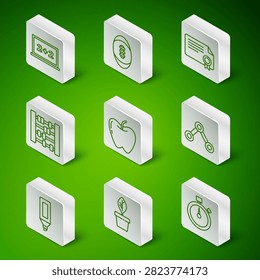 Set line Stopwatch, Plant in pot, Chalkboard, Apple, Abacus, American Football ball, Marker pen and Molecule icon. Vector