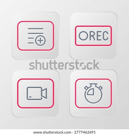 Set line Stopwatch, Play video button, Record and Add playlist icon. Vector