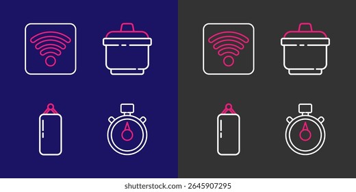 Set line Stopwatch, Punching bag, Cooking pot and Wi-Fi wireless internet network icon. Vector