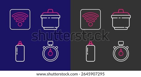 Set line Stopwatch, Punching bag, Cooking pot and Wi-Fi wireless internet network icon. Vector