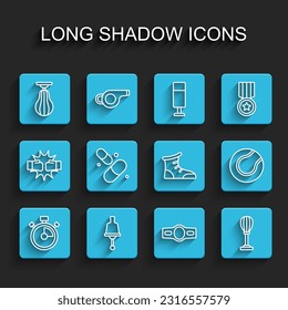 Set line Stopwatch, Ringing bell, Punching bag, Boxing belt, Vitamin pill, Tennis ball and Sport boxing shoes icon. Vector