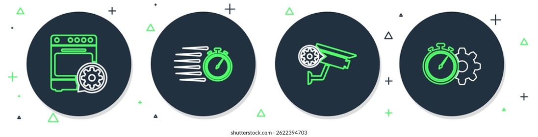 Set line Stopwatch, Security camera setting, Oven and Time management icon. Vector