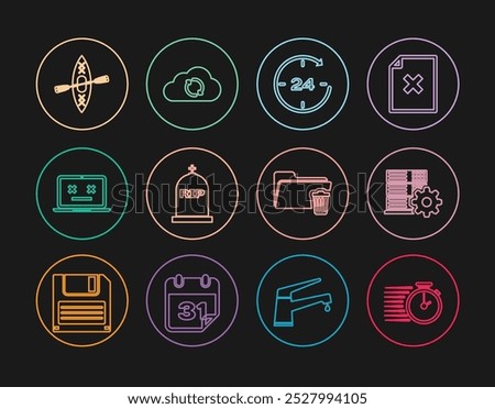 Set line Stopwatch, Server setting, Clock 24 hours, Tombstone with RIP written, Dead laptop, Kayak and paddle, Delete folder and Cloud sync refresh icon. Vector