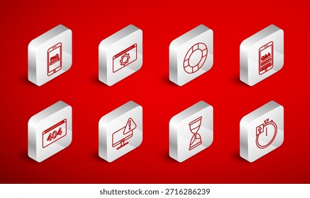 Set line Stopwatch, Setting, Lifebuoy, Mobile Question and Exclamation, Hourglass, with FAQ information, Monitor exclamation mark and Page 404 error icon. Vector