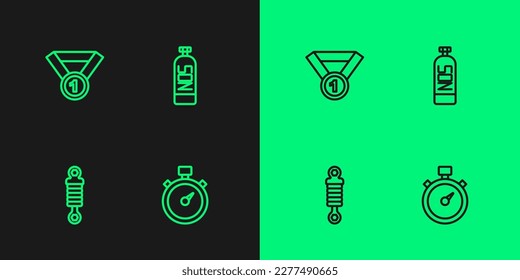 Set line Stopwatch, Shock absorber, Medal and Nitrous oxide icon. Vector