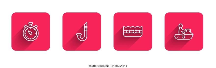 Set line Stopwatch, Snorkel, Swimming pool and Jet ski with long shadow. Red square button. Vector