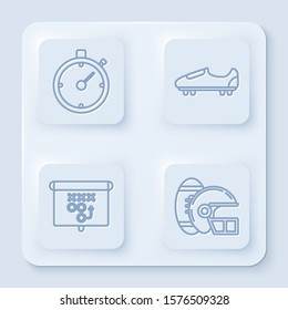 Set line Stopwatch, Soccer or football shoes with spikes, Planning strategy concept and American Football ball and helmet. White square button. Vector